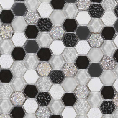 Mosaïque Pierre et Verre Hexagonale blanche et noire