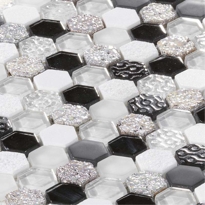 Mosaïque Pierre et Verre Hexagonale blanche et noire